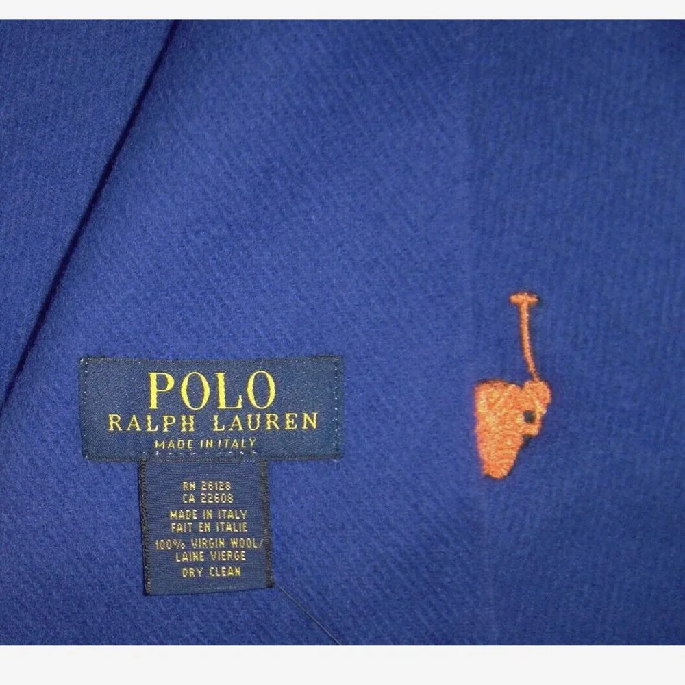 NEW Polo Ralph Lauren Soft Wool Scarf! Blue With Orange Player Made in Italy